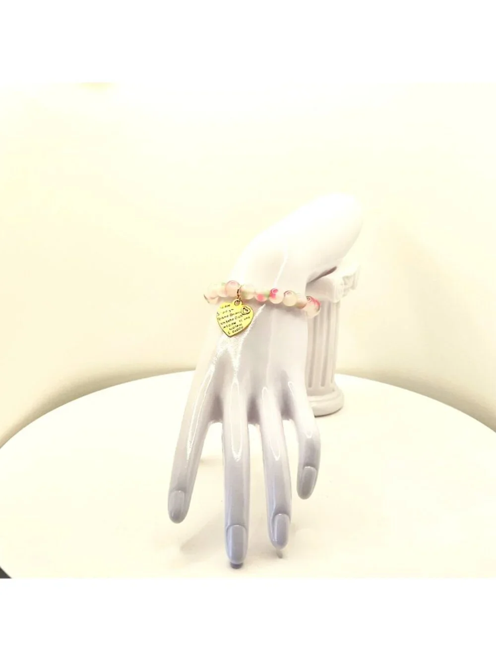 Pastel Heart Charm Bracelet, Pink Green Beaded Stretch Bracelet, Cute